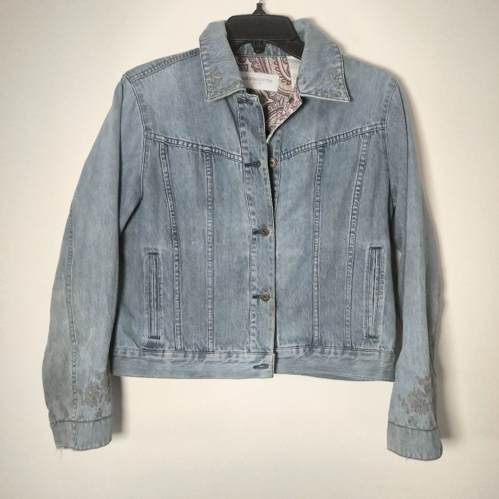 Liz Claiborne Women's Denim Jean Jacket Light Wash Blue Embroidery Details